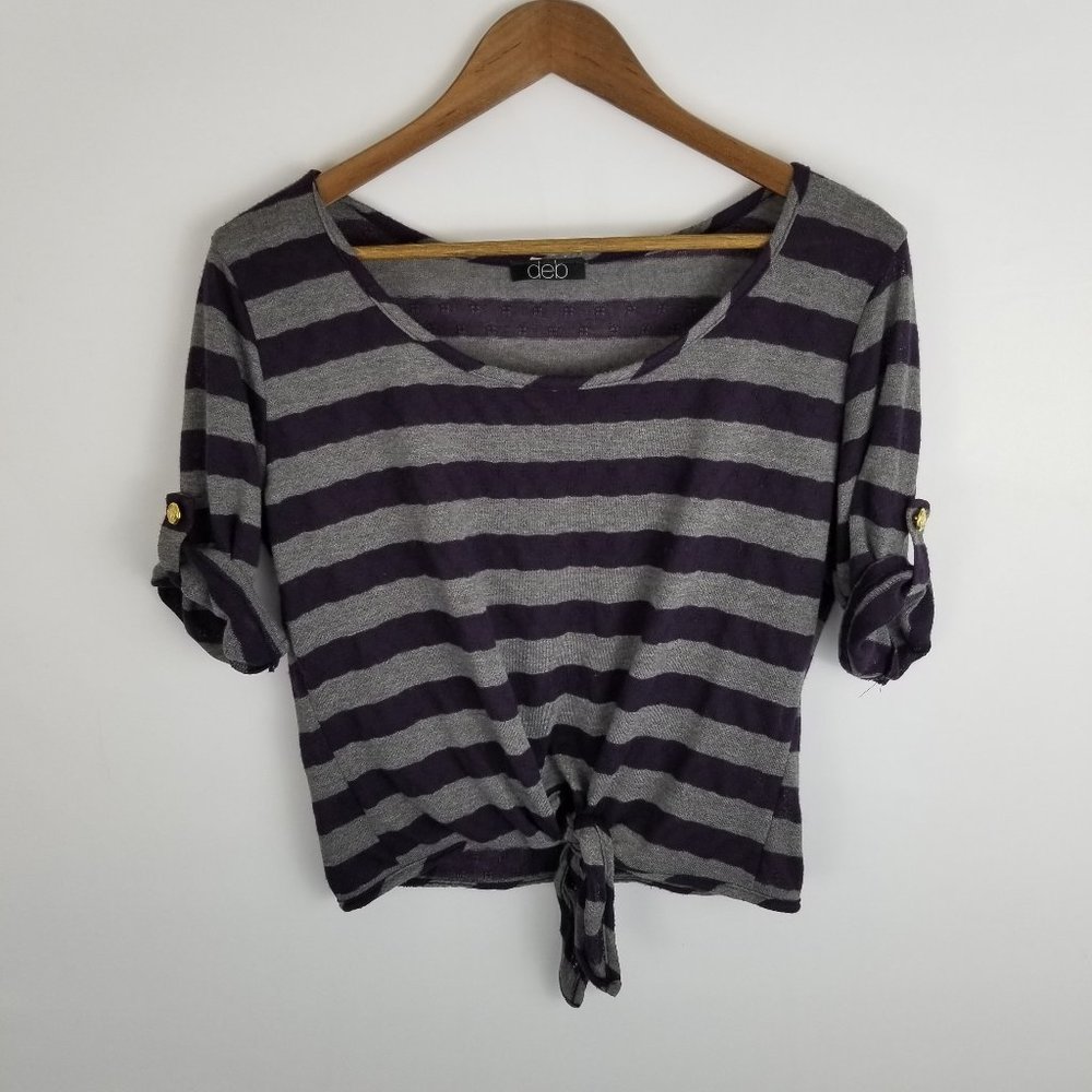 🐧Deb Striped Sheer Quarter Sleeve Tie Front Top